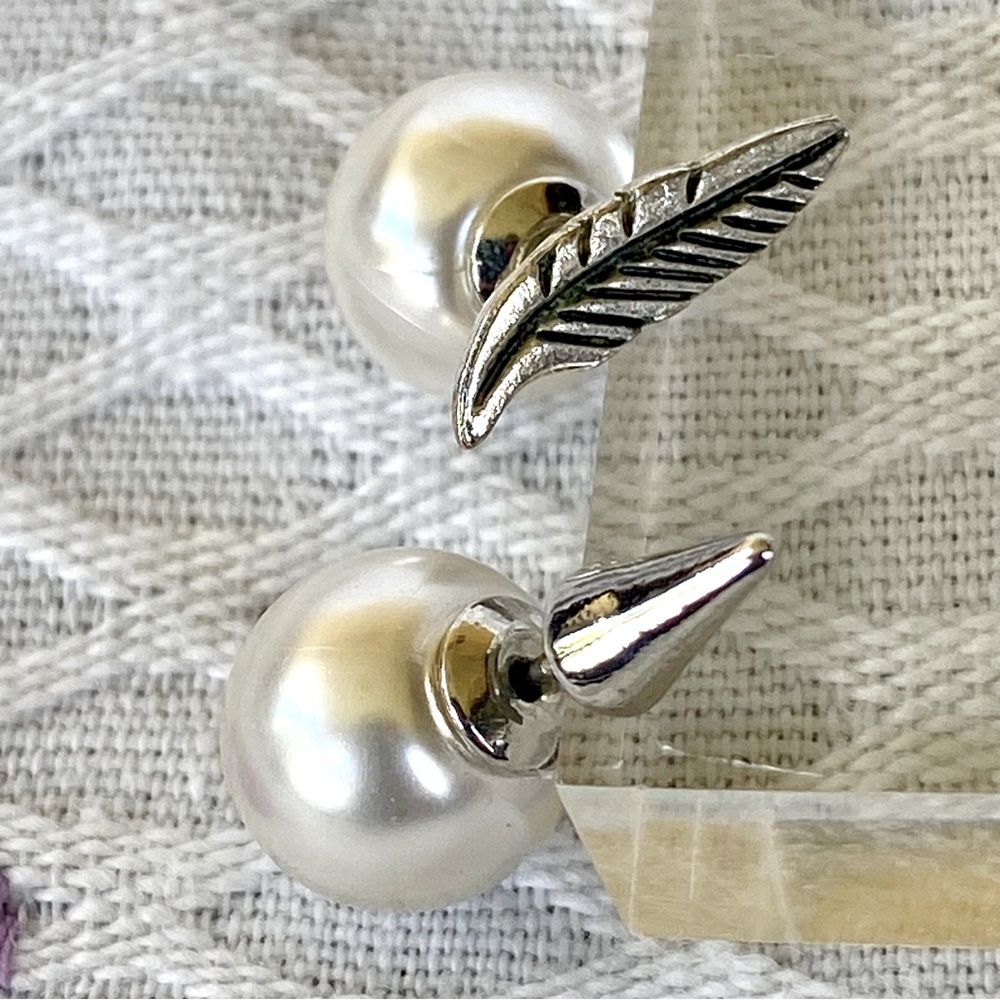 New Mismatched Feather and Thorn Pierced Earrings with Large Ball Pearl Backings